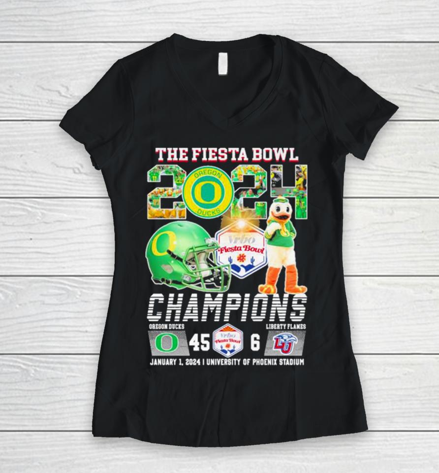 Oregon Ducks Football 2024 The Fiesta Bowl Champions Victory 45 6 Women V-Neck T-Shirt