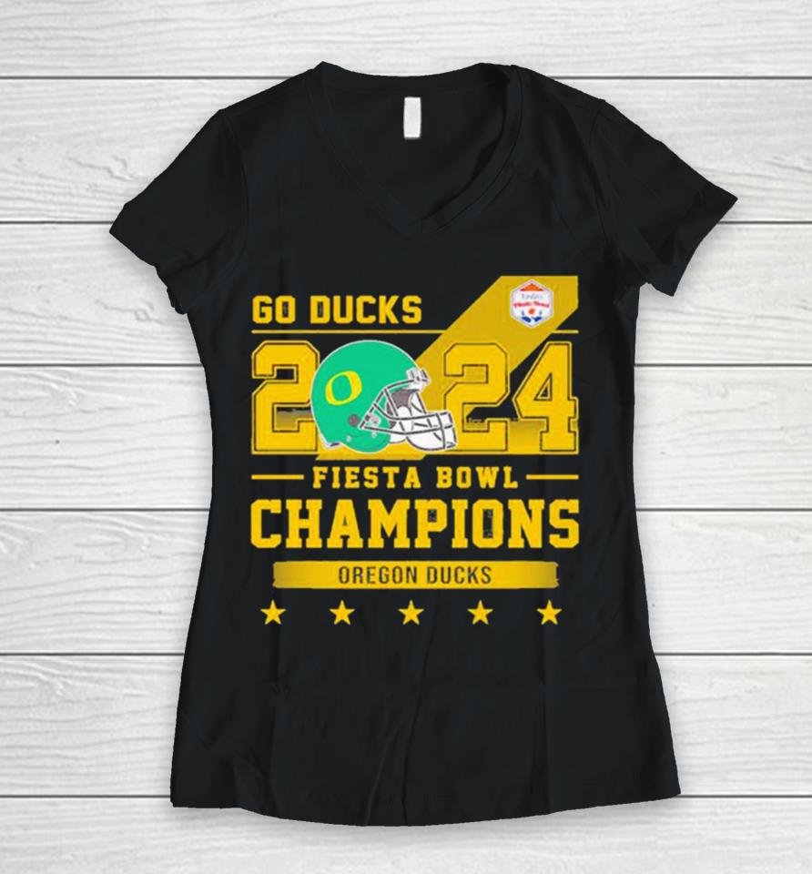 Oregon Ducks Football Go Ducks 2024 Fiesta Bowl Champions Helmet Women V-Neck T-Shirt