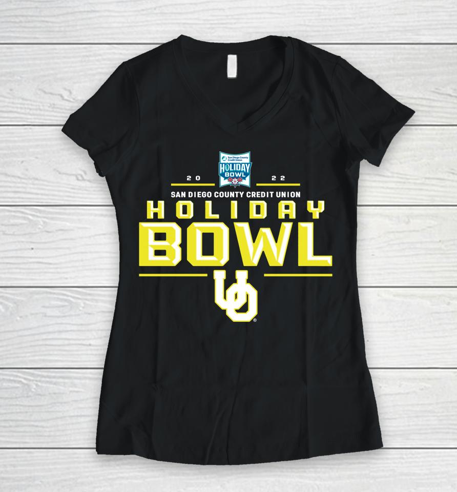 Oregon Ducks Holiday Bowl 2022 San Diego County Credit Union Women V-Neck T-Shirt