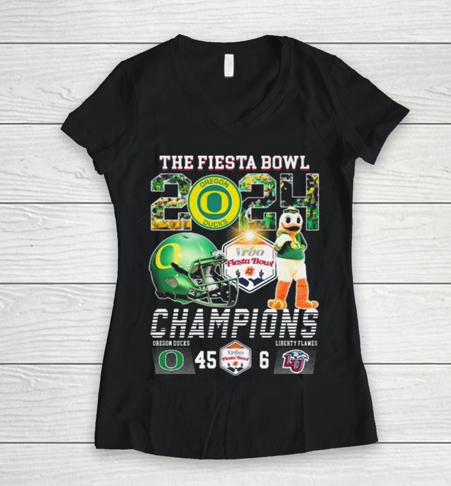Oregon Ducks Mascot The Fiesta Bowl 2024 Champions Women V-Neck T-Shirt