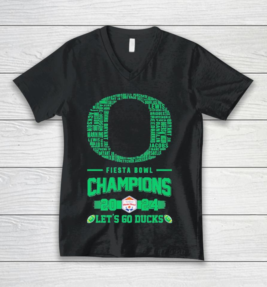 Oregon Ducks Players Names 2024 Fiesta Bowl Champions Logo Let’s Go Ducks Unisex V-Neck T-Shirt
