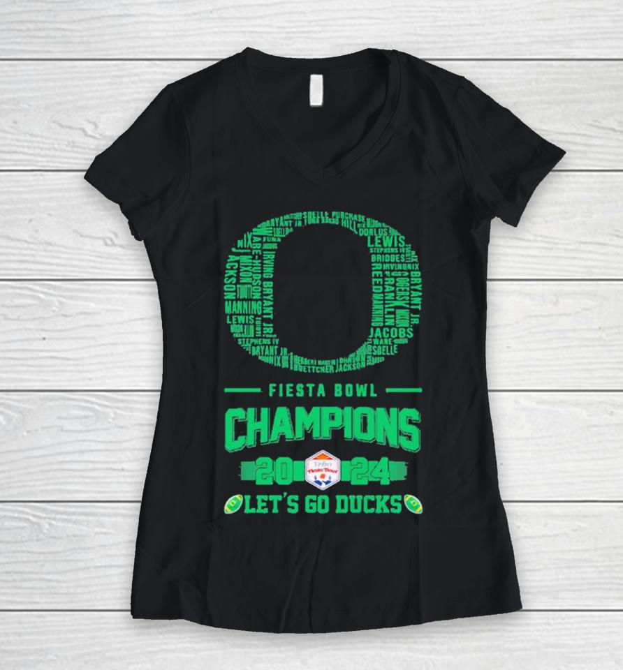 Oregon Ducks Players Names 2024 Fiesta Bowl Champions Logo Let’s Go Ducks Women V-Neck T-Shirt