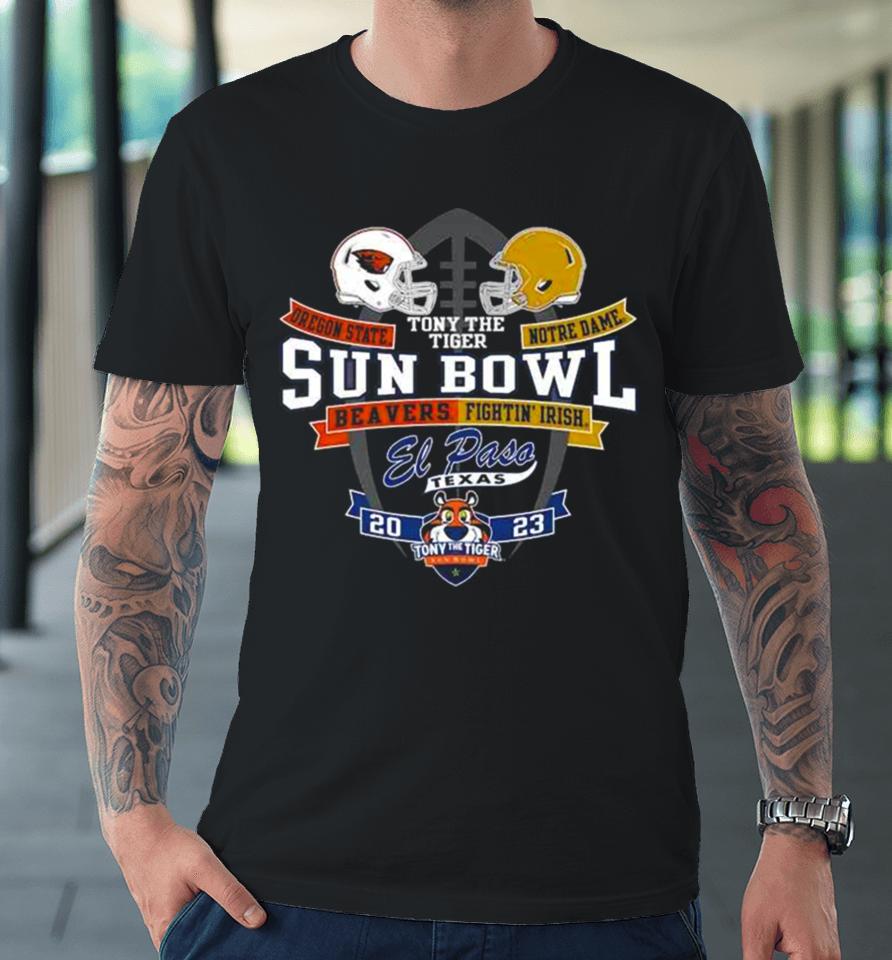 Oregon State Beavers Vs Notre Dame Fighting Irish Blue 84 Unisex 2023 Tony The Tiger Sun Bowl Head To Head Helmet Premium T-Shirt