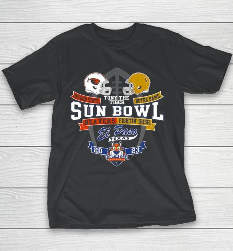 Oregon State Beavers Vs Notre Dame Fighting Irish Blue 84 Unisex 2023 Tony The Tiger Sun Bowl Head To Head Helmet Youth T-Shirt
