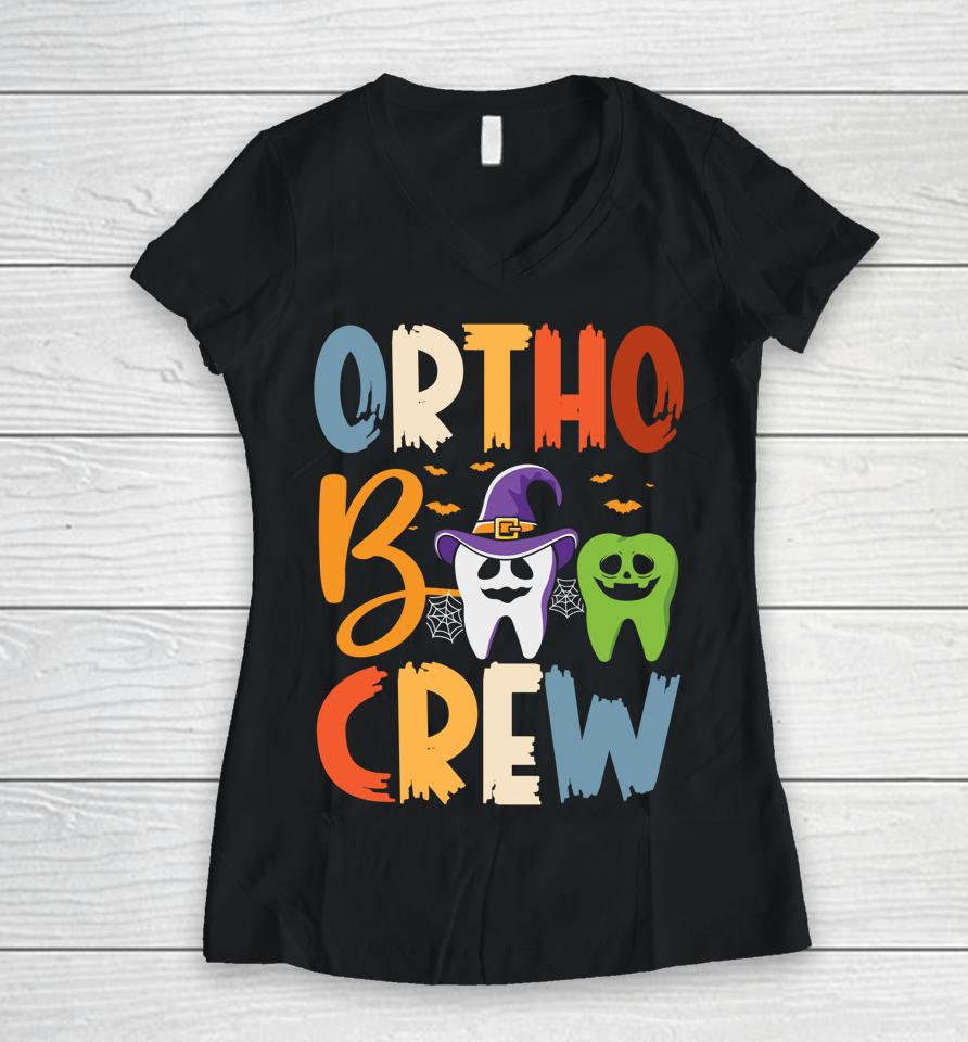 Orthodontist Halloween Orthodontic Boo Braces Teeth Crew Women V-Neck T-Shirt
