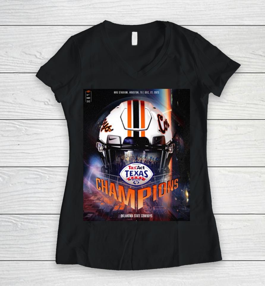 Osu Cowboy Football 2023 Taxact Texas Bowl Champions Go Pokes Women V-Neck T-Shirt