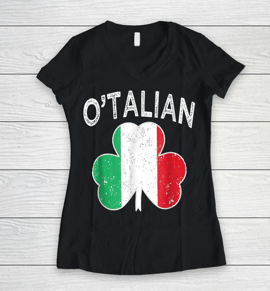 O'talian Italian St Patrick's Day Italia Flag Shamrock Women V-Neck T-Shirt