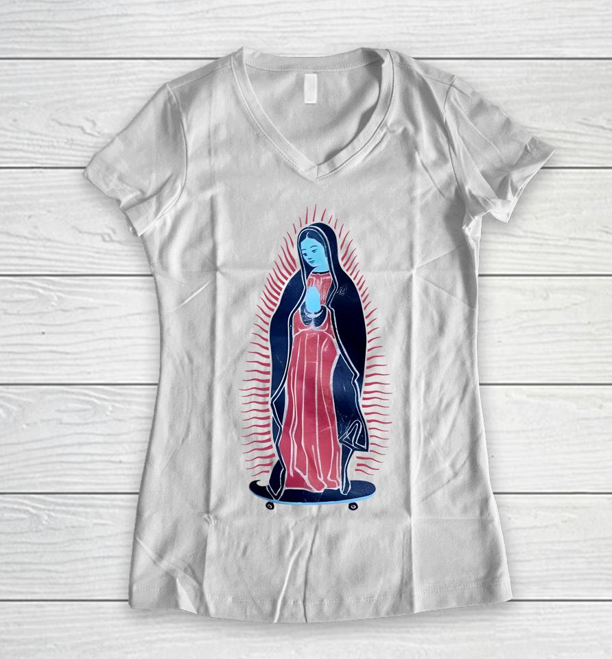 Our Lady Of Guadalupe On Skateboard Women V-Neck T-Shirt