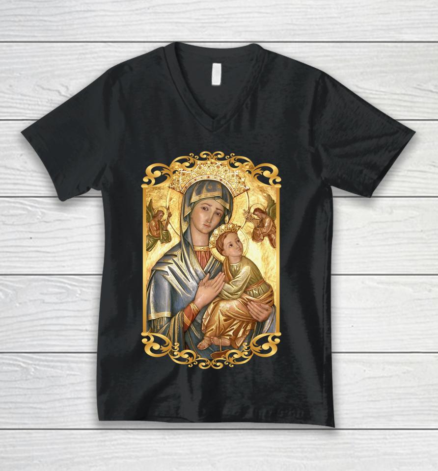 Our Lady Of Perpetual Help Blessed Mother Mary Catholic Icon Unisex V-Neck T-Shirt