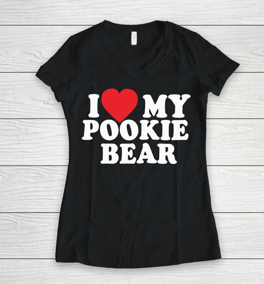 Outtapocketapparel I Love 3 My Pookie Bear Women V-Neck T-Shirt