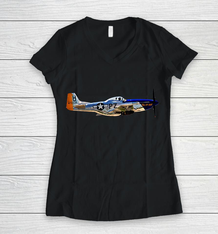 P-51 Mustang Wwii Fighter Plane Women V-Neck T-Shirt