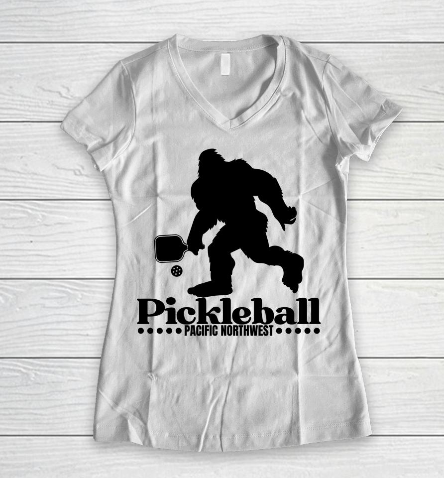 Pacific Northwest Pickleball Player Bigfoot Pickleball Lover Women V-Neck T-Shirt