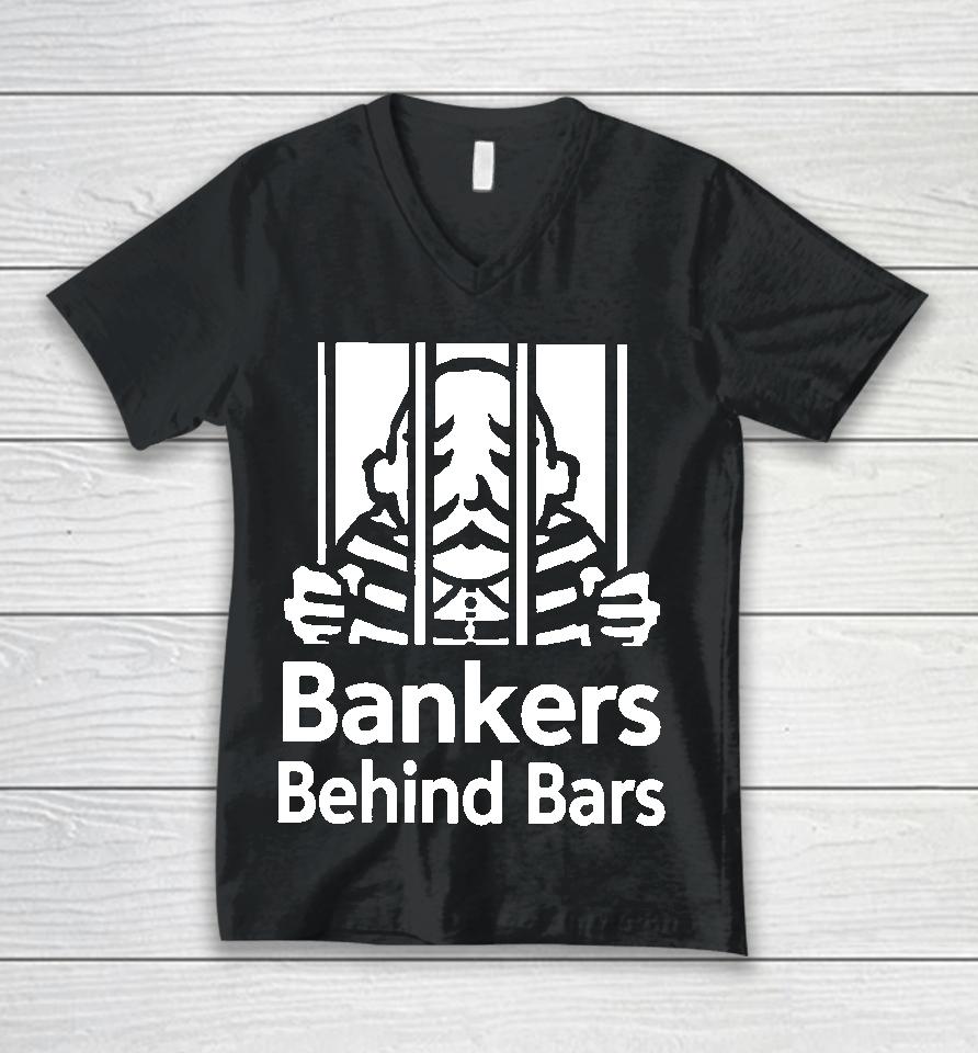 Paint With Alex Merch Bankers Behind Bars Bad For America Shitibank We're Felons Crooks Unisex V-Neck T-Shirt