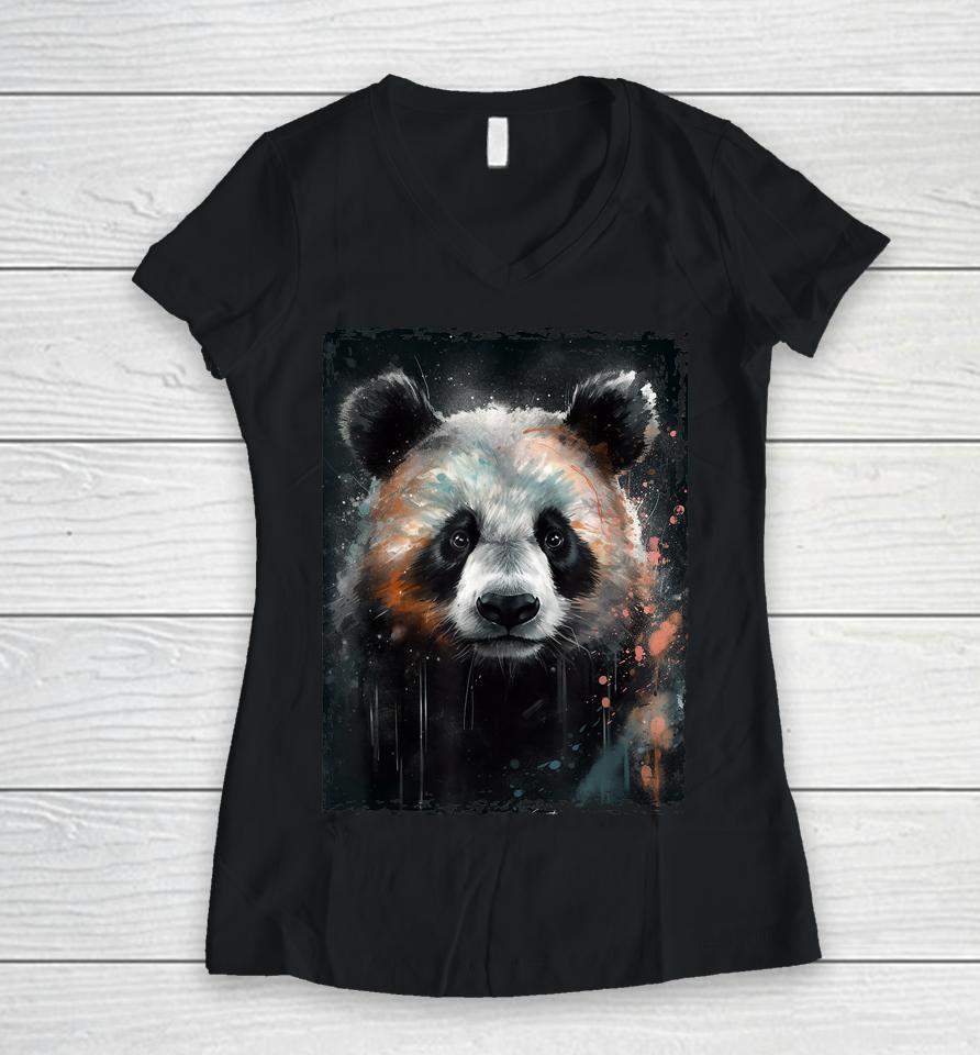Panda Watercolor Panda Lovers Oil Painting Women V-Neck T-Shirt