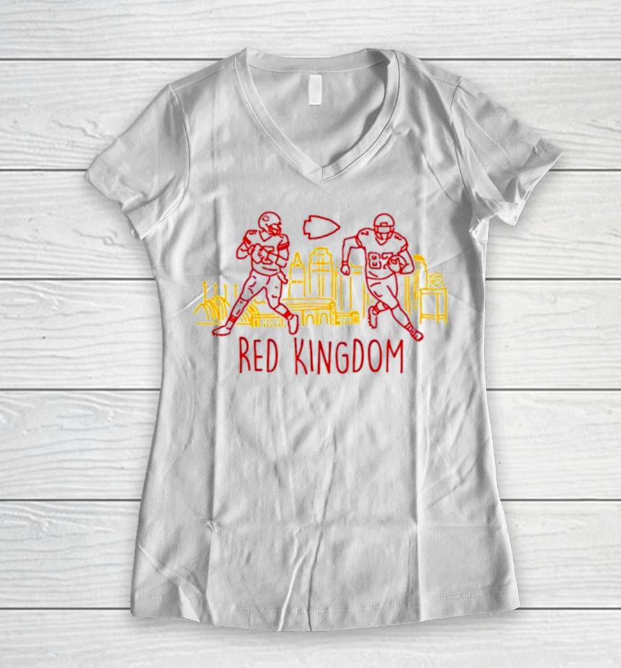 Patrick Mahomes And Travis Kelce Kansas City Chiefs Red Kingdom Women V-Neck T-Shirt