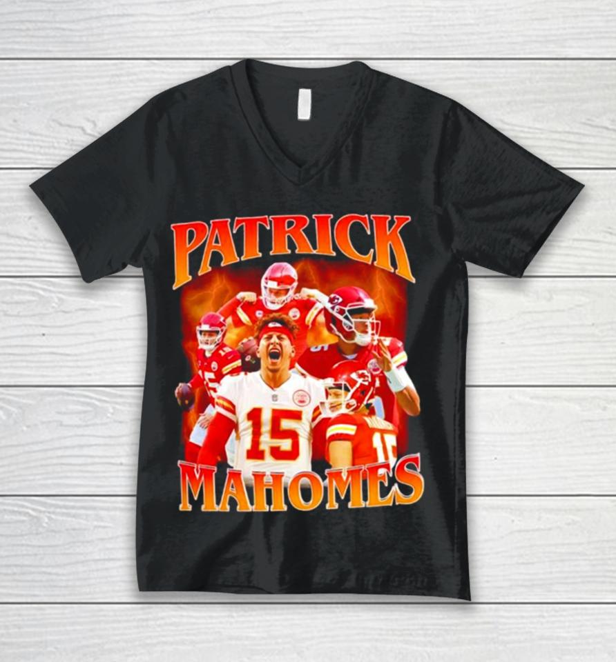 Patrick Mahomes Number 15 Kansas City Chiefs Football Player Portrait Lightning Unisex V-Neck T-Shirt