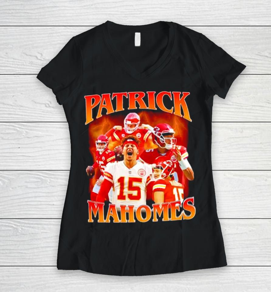 Patrick Mahomes Number 15 Kansas City Chiefs Football Player Portrait Lightning Women V-Neck T-Shirt