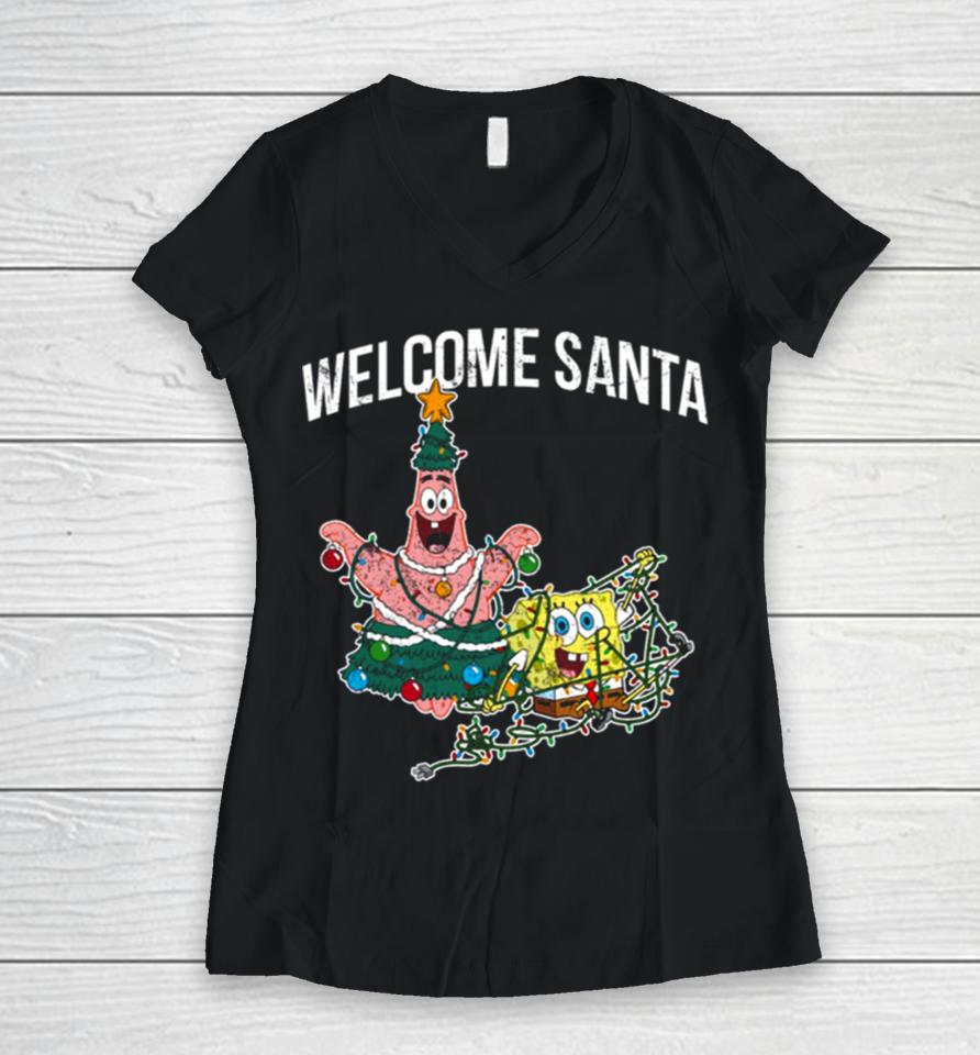 Patrick Star Welcome Santa Christmas Halloween Spongebob Women V-Neck T-Shirt