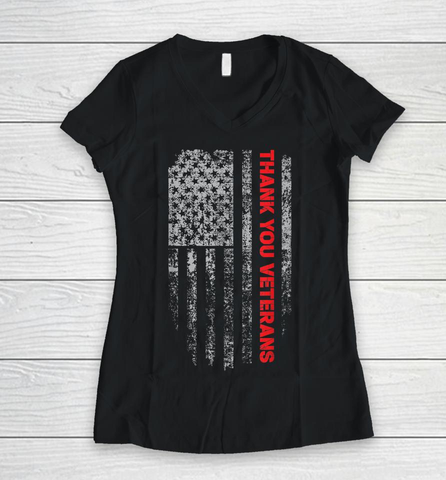 Patriotic American Flag Thank You Veterans Women V-Neck T-Shirt