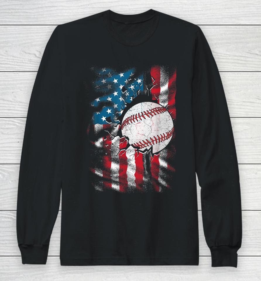 Patriotic Baseball 4Th Of July Men Usa American Flag Boys Long Sleeve T-Shirt