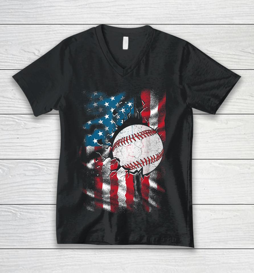 Patriotic Baseball 4Th Of July Men Usa American Flag Boys Unisex V-Neck T-Shirt