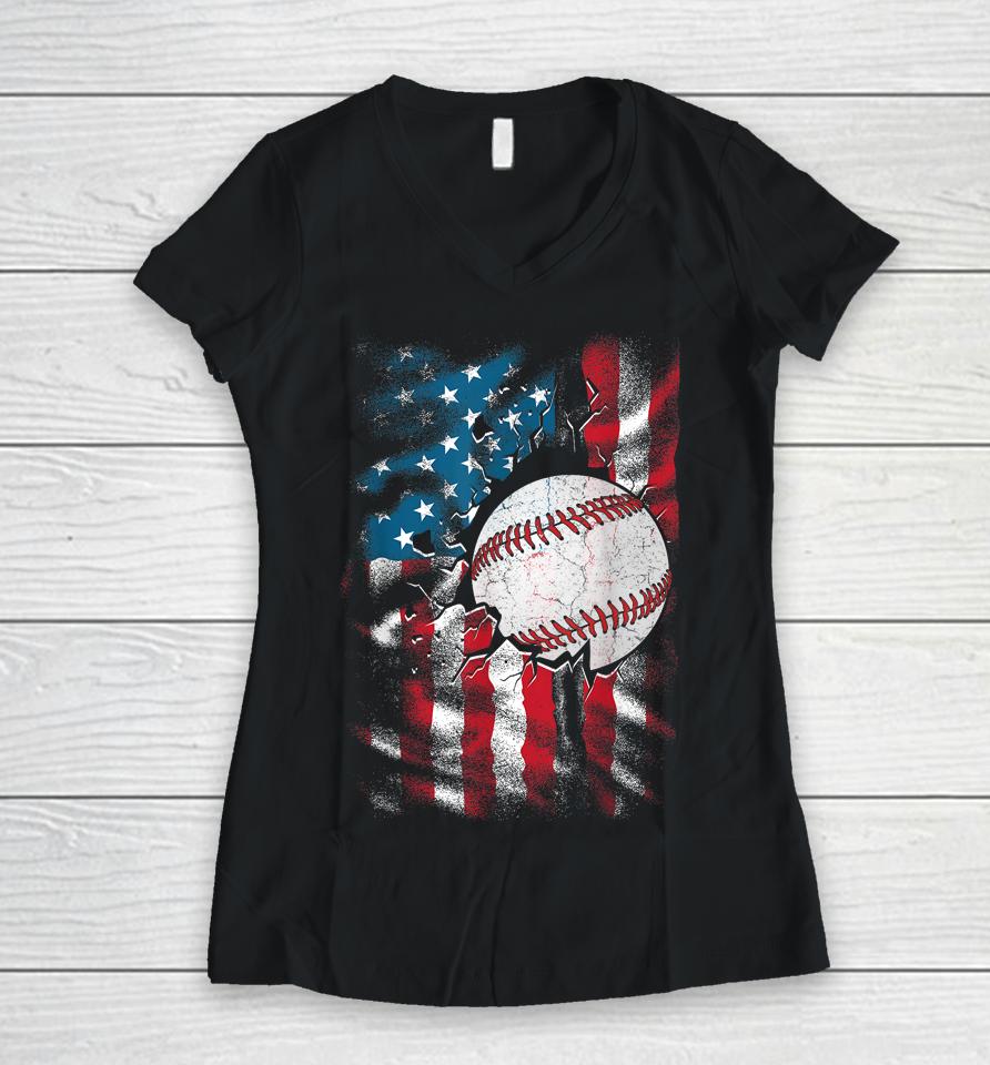 Patriotic Baseball 4Th Of July Men Usa American Flag Boys Women V-Neck T-Shirt