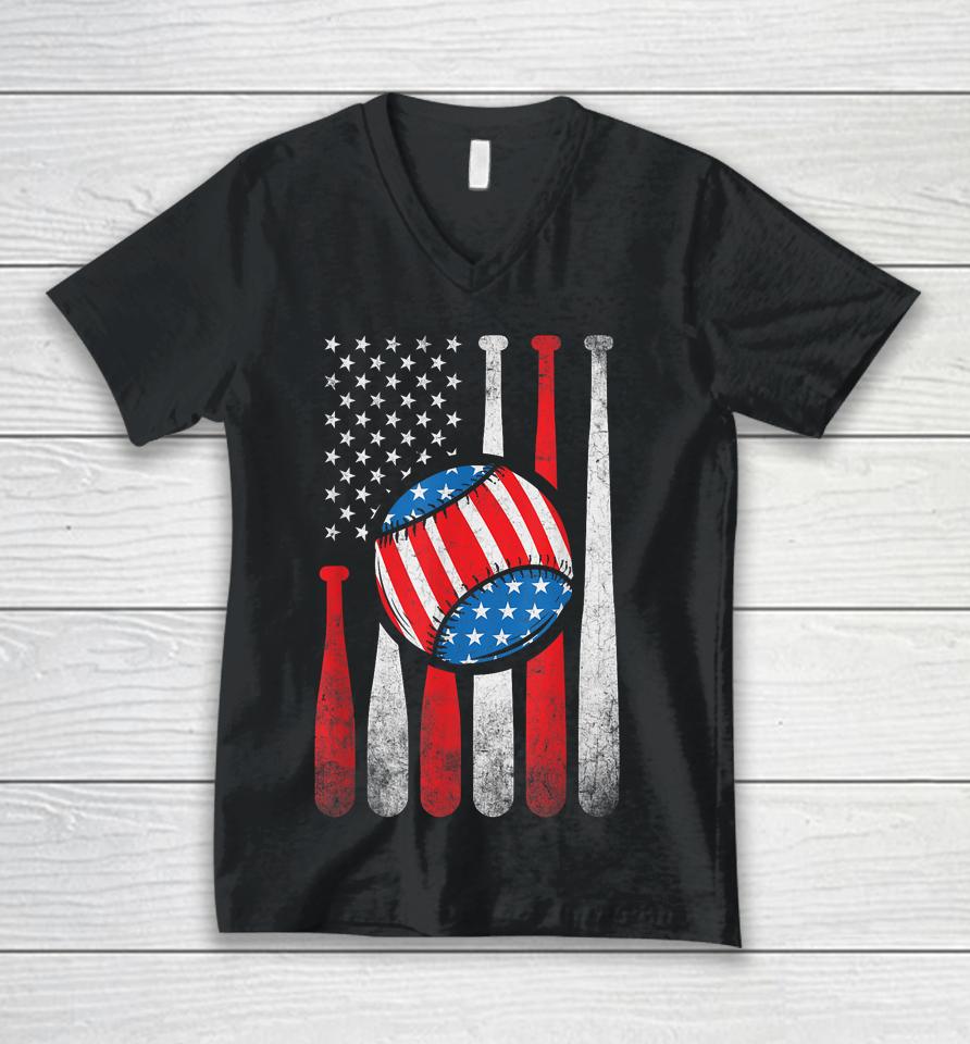 Patriotic Baseball 4Th Of July Usa American Flag Unisex V-Neck T-Shirt
