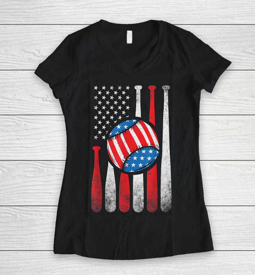 Patriotic Baseball 4Th Of July Usa American Flag Women V-Neck T-Shirt