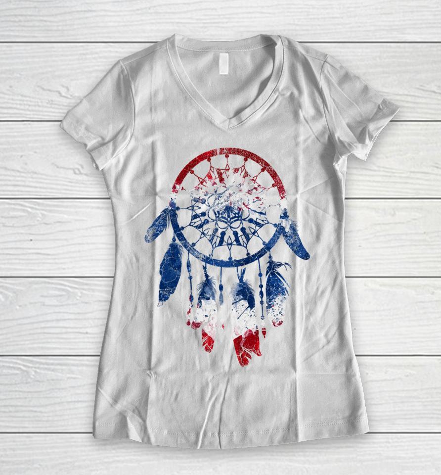 Patriotic Dream Catcher Red White Blue Native American Women V-Neck T-Shirt