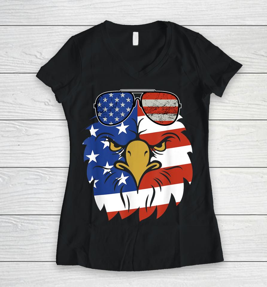 Patriotic Eagle Tee - 4Th Of July Sunglass Usa American Flag Women V-Neck T-Shirt