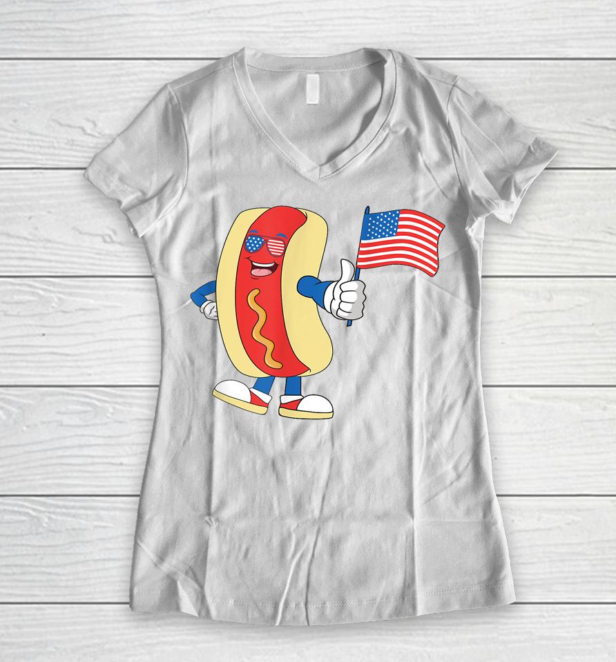 Patriotic Hot Dog American Flag Usa Funny 4Th Of July Fourth Women V-Neck T-Shirt