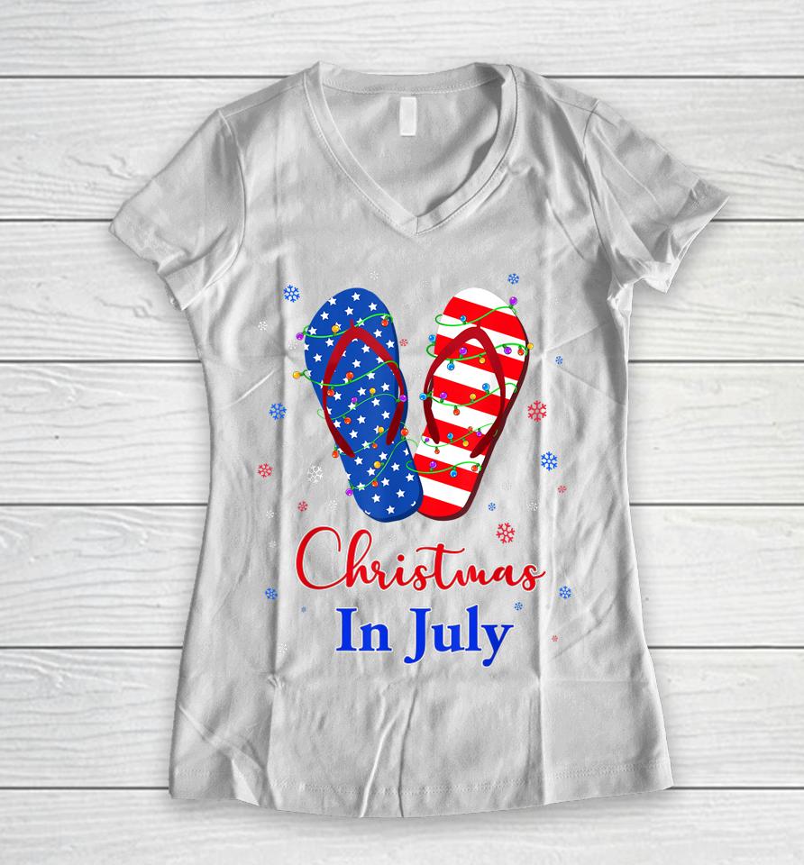 Patriotic Red White Blue Flip Flops Christmas In July Women V-Neck T-Shirt
