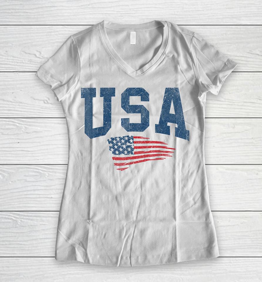 Patriotic Usa Shirt Women Men Kids Distressed American Flag Women V-Neck T-Shirt