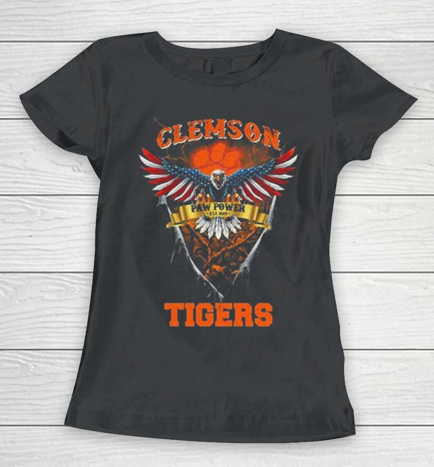 Paw Power Clemson Tigers Football Us Eagle Women T-Shirt