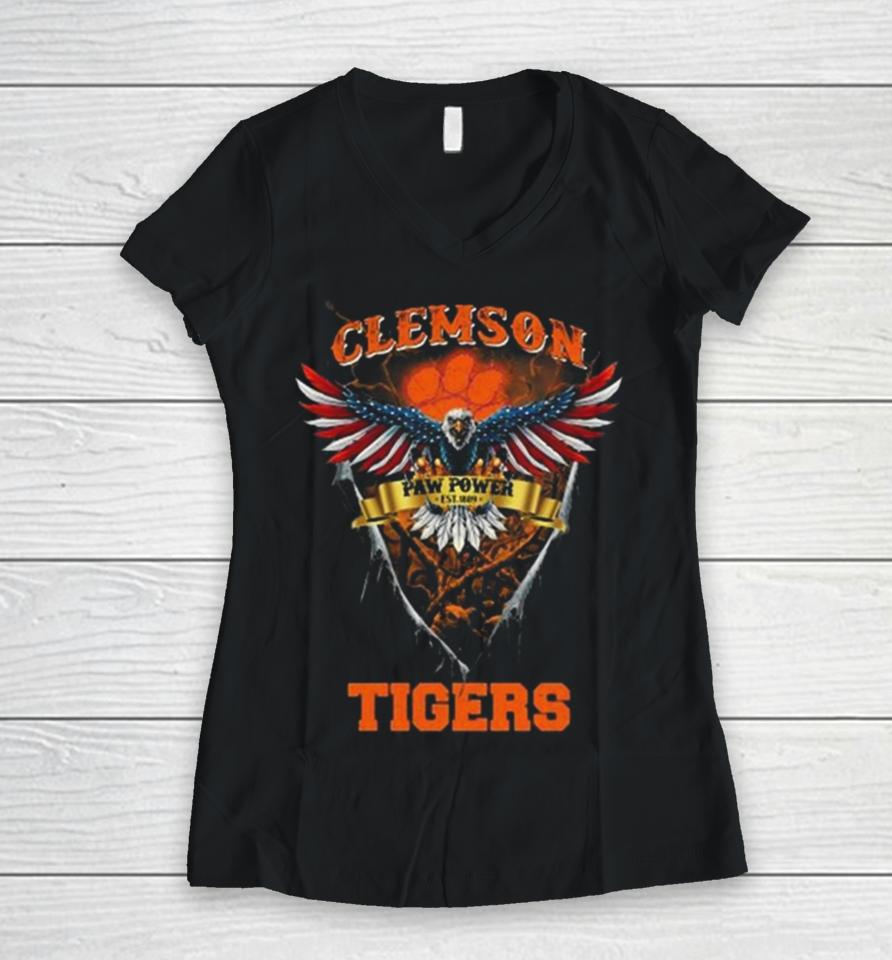 Paw Power Clemson Tigers Football Us Eagle Women V-Neck T-Shirt