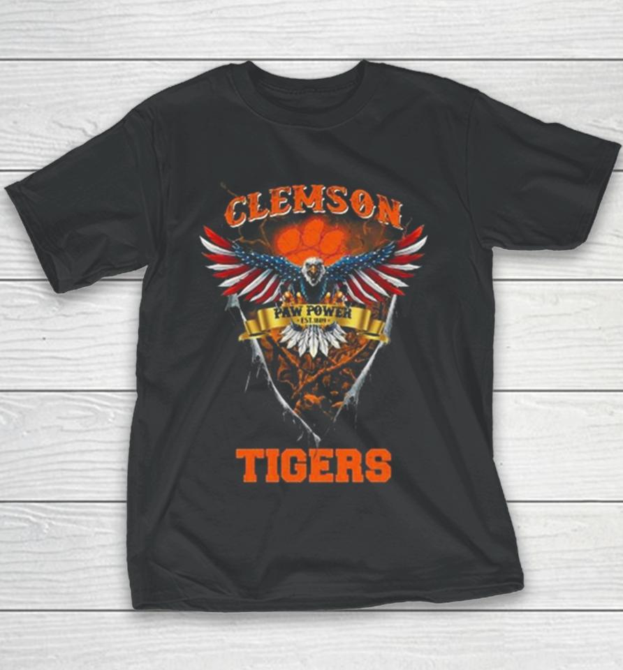 Paw Power Clemson Tigers Football Us Eagle Youth T-Shirt