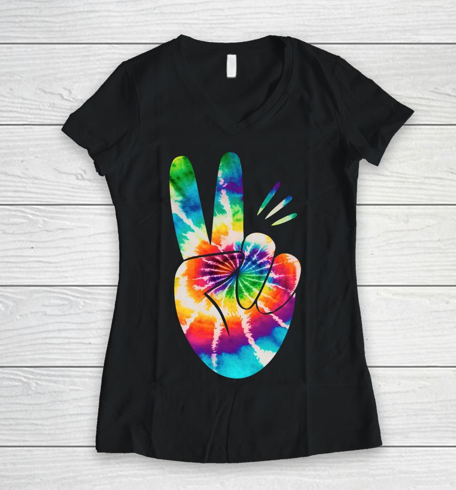 Peace Hand Tie Dye Design For Boys And Girls Women V-Neck T-Shirt