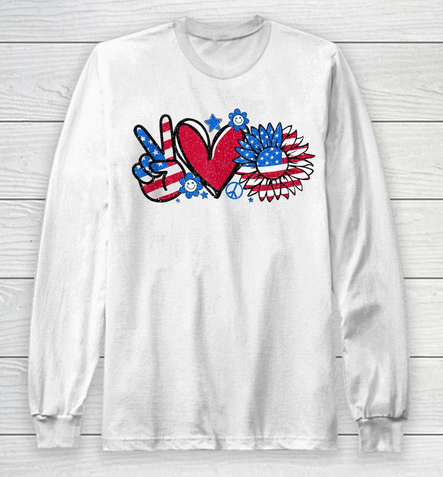 Peace Love America Us Flag Fourth Women 4Th Of July Long Sleeve T-Shirt