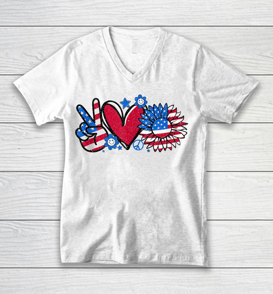 Peace Love America Us Flag Fourth Women 4Th Of July Unisex V-Neck T-Shirt