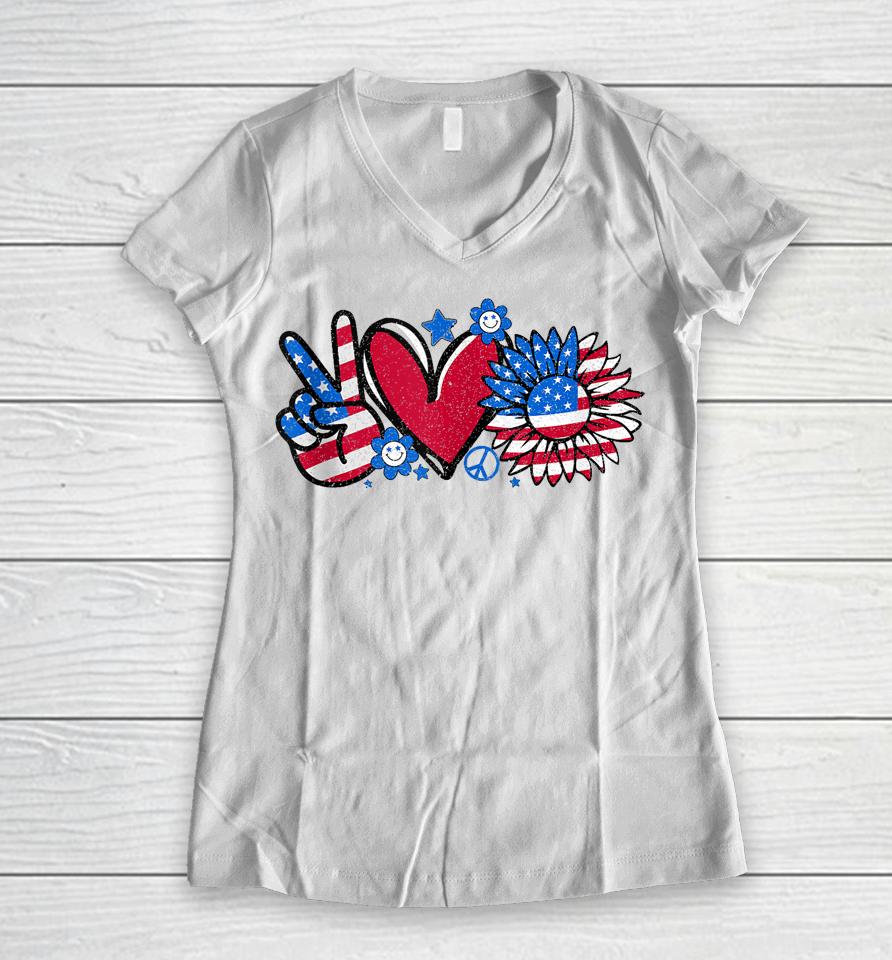Peace Love America Us Flag Fourth Women 4Th Of July Women V-Neck T-Shirt