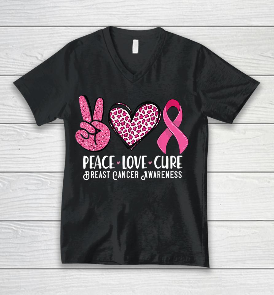 Peace Love Cure Breast Cancer Awareness Warrior Pink Ribbon Unisex V-Neck T-Shirt