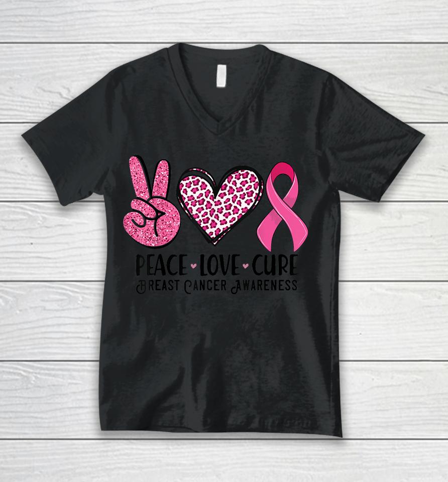 Peace Love Cure Breast Cancer Awareness Warrior Pink Ribbon Unisex V-Neck T-Shirt