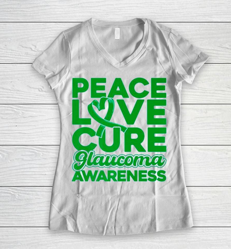 Peace Love Cure Glaucoma Awareness Women V-Neck T-Shirt