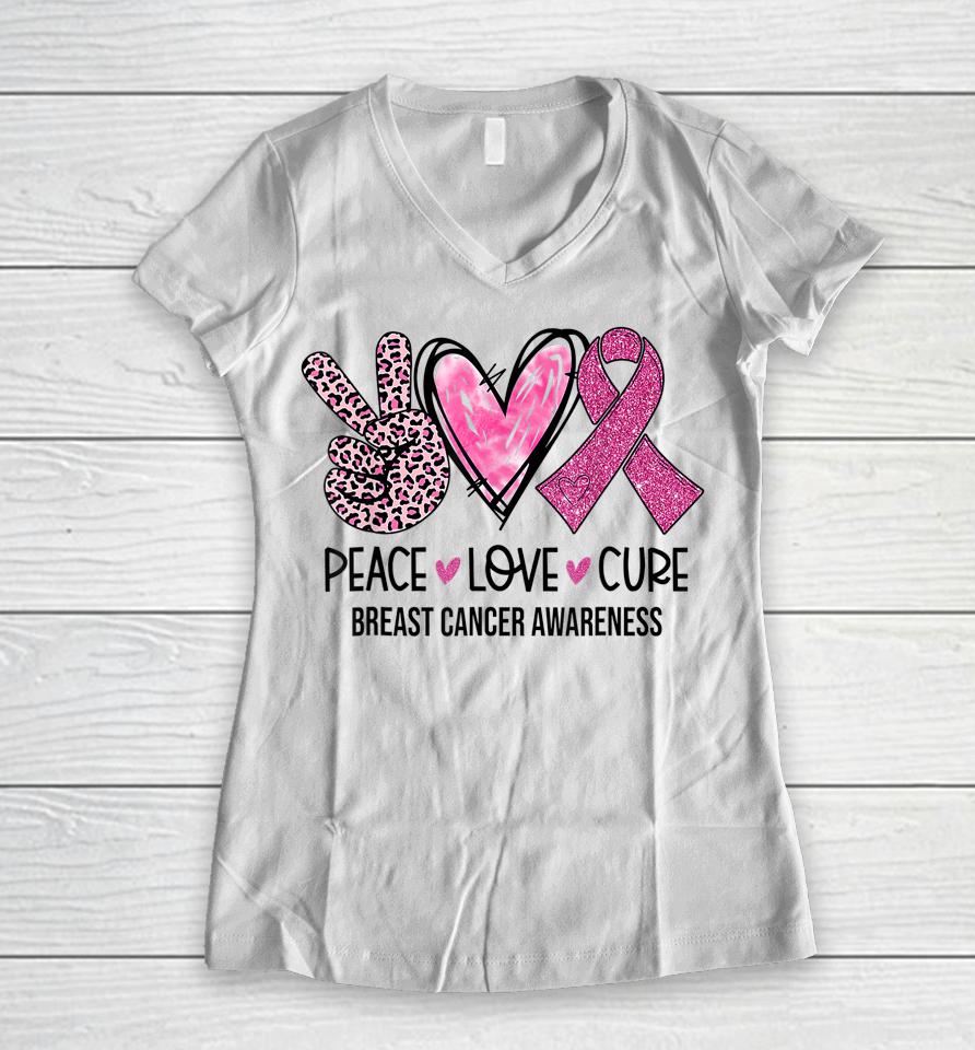 Peace Love Cure Pink Ribbon Breast Cancer Awareness Women V-Neck T-Shirt
