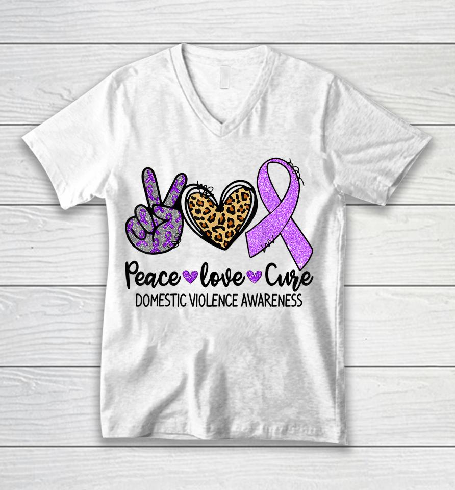 Peace Love Cure Purple Ribbon Domestic Violence Awareness Unisex V-Neck T-Shirt