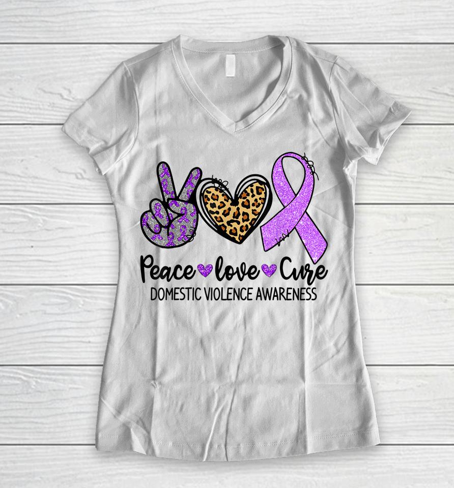 Peace Love Cure Purple Ribbon Domestic Violence Awareness Women V-Neck T-Shirt