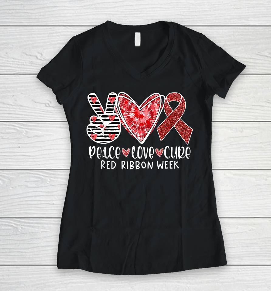 Peace Love Cure Red Ribbon Week Awareness Women V-Neck T-Shirt