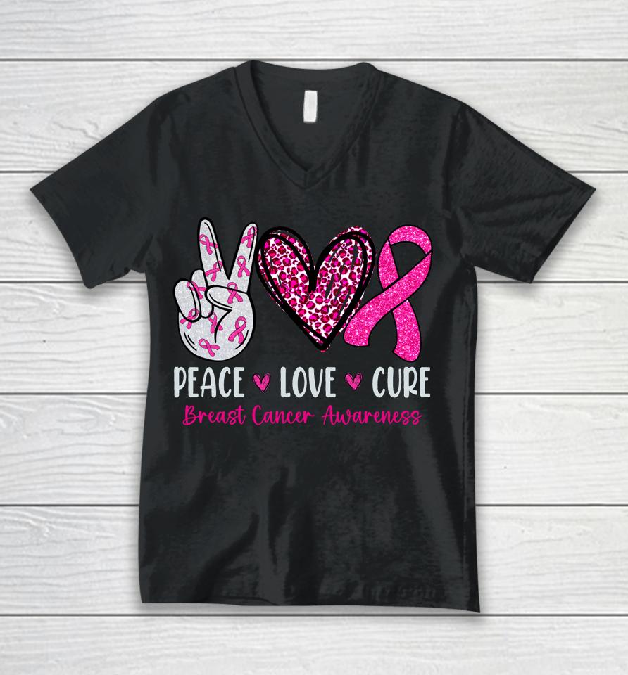 Peace Love Cure Shirt Pink Ribbon Breast Cancer Awareness Unisex V-Neck T-Shirt