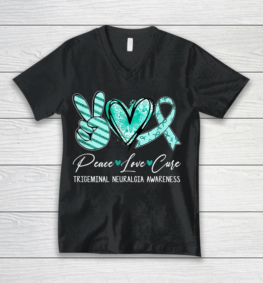 Peace Love Cure Teal Ribbon Trigeminal Neuralgia Awareness Unisex V-Neck T-Shirt