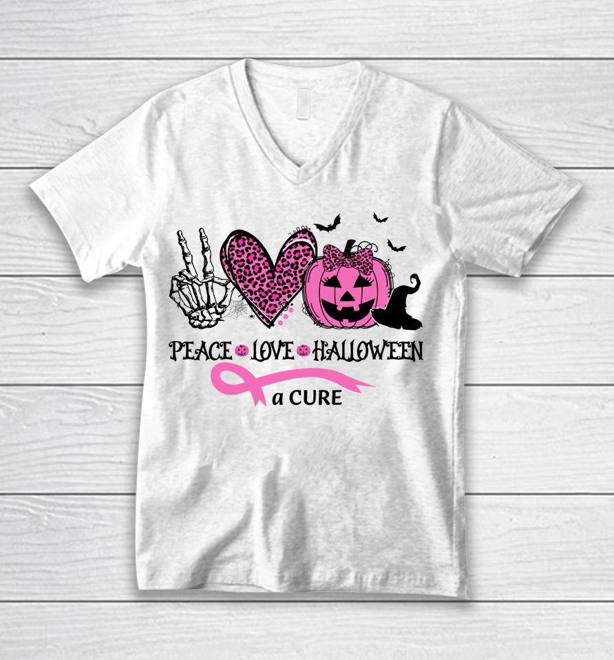 Peace Love Halloween And A Cure Breast Cancer Halloween Unisex V-Neck T-Shirt